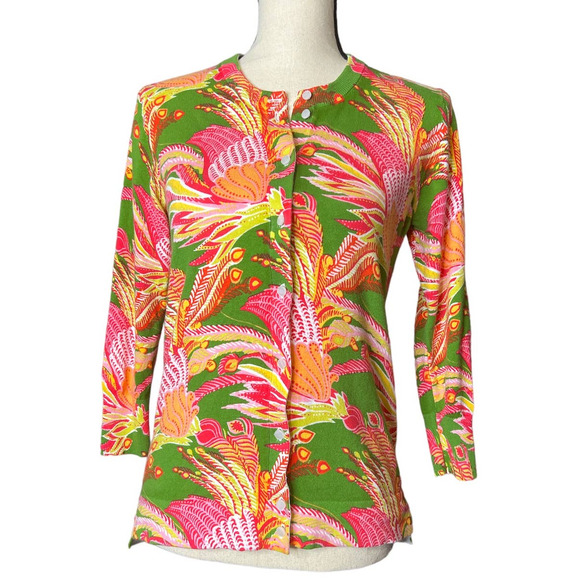 Crown & Ivy Cardigan Sweater in Green Pink Orange Floral Feather Print Size XS - Picture 1 of 5